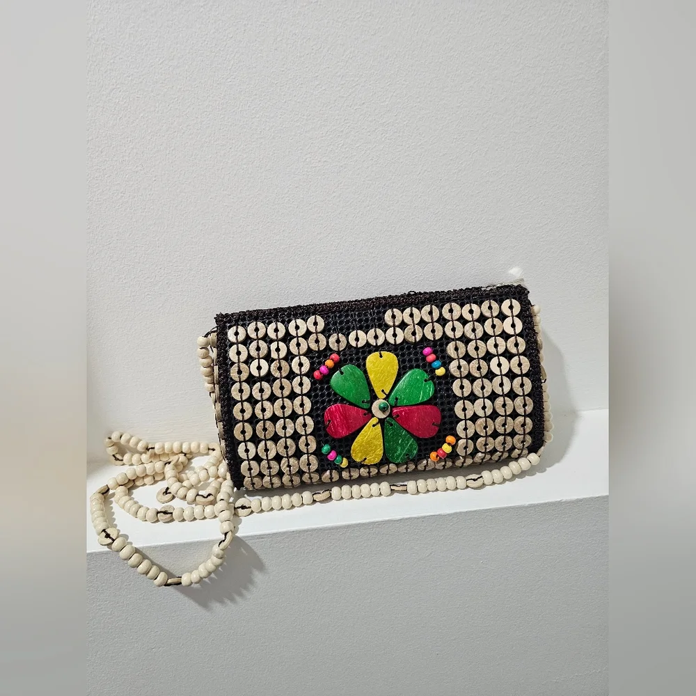 Handcrafted Beaded Flower Crossbody Bag in Natural and Multicolor - Picture 2 of 10